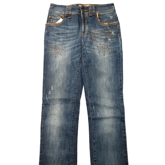 John Galliano Distressed Blue Jeans Embellished Bronze Studded Snow Flakes Sz 26